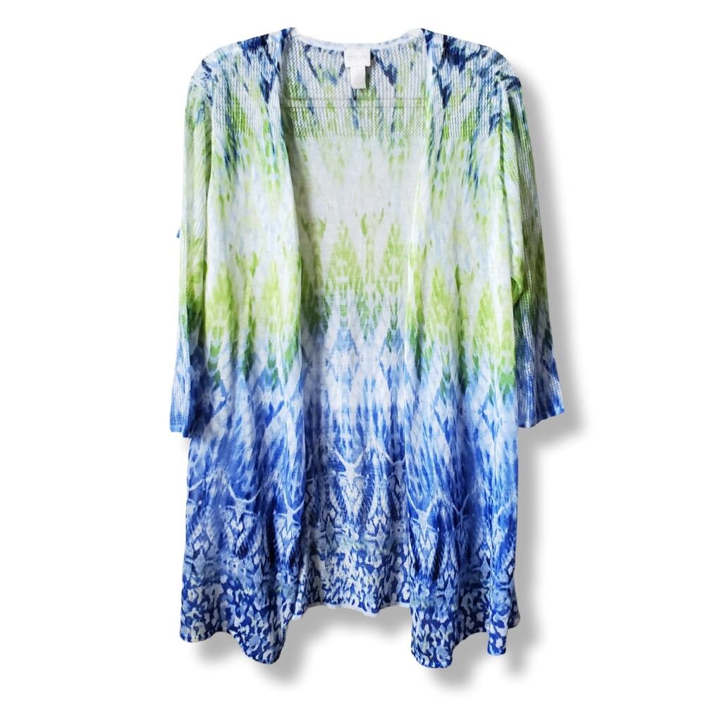 Chicos Dip Dye Blue Green Cardigan M Lagenlook Casual Coastal Artsy Beach Cruise